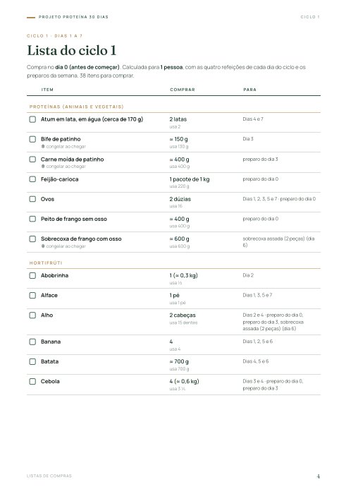Lista de compras do Projeto Proteína 30 Dias organizada por categorias